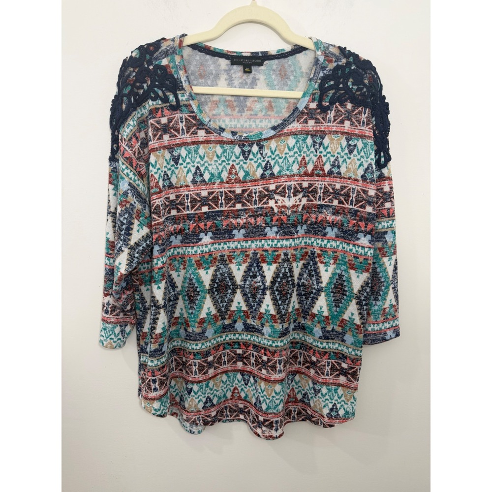 Signature Studio Woman 2X Southwestern Crochet Shoulder Knit Top 3/4 Sleeve